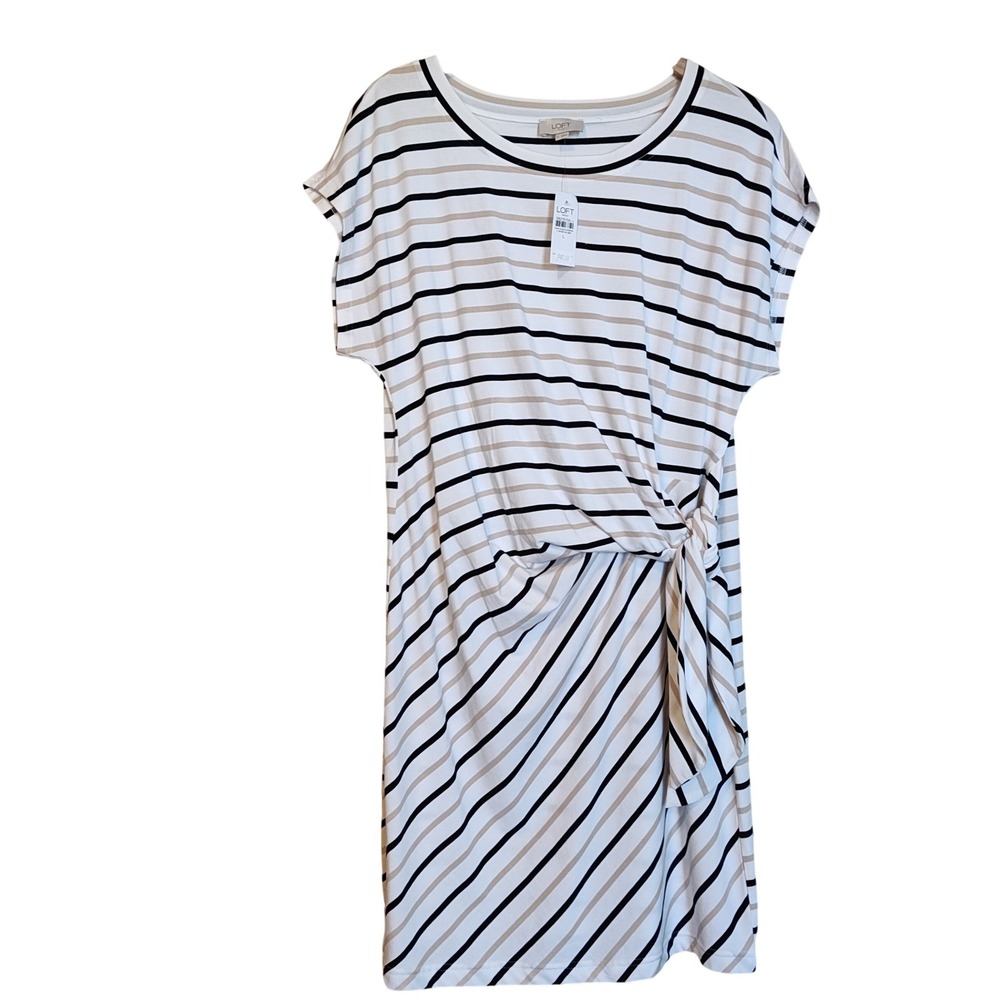 Loft Outlet Striped T-Shirt Dress Womens Large White Black Side Tie Knot Mini